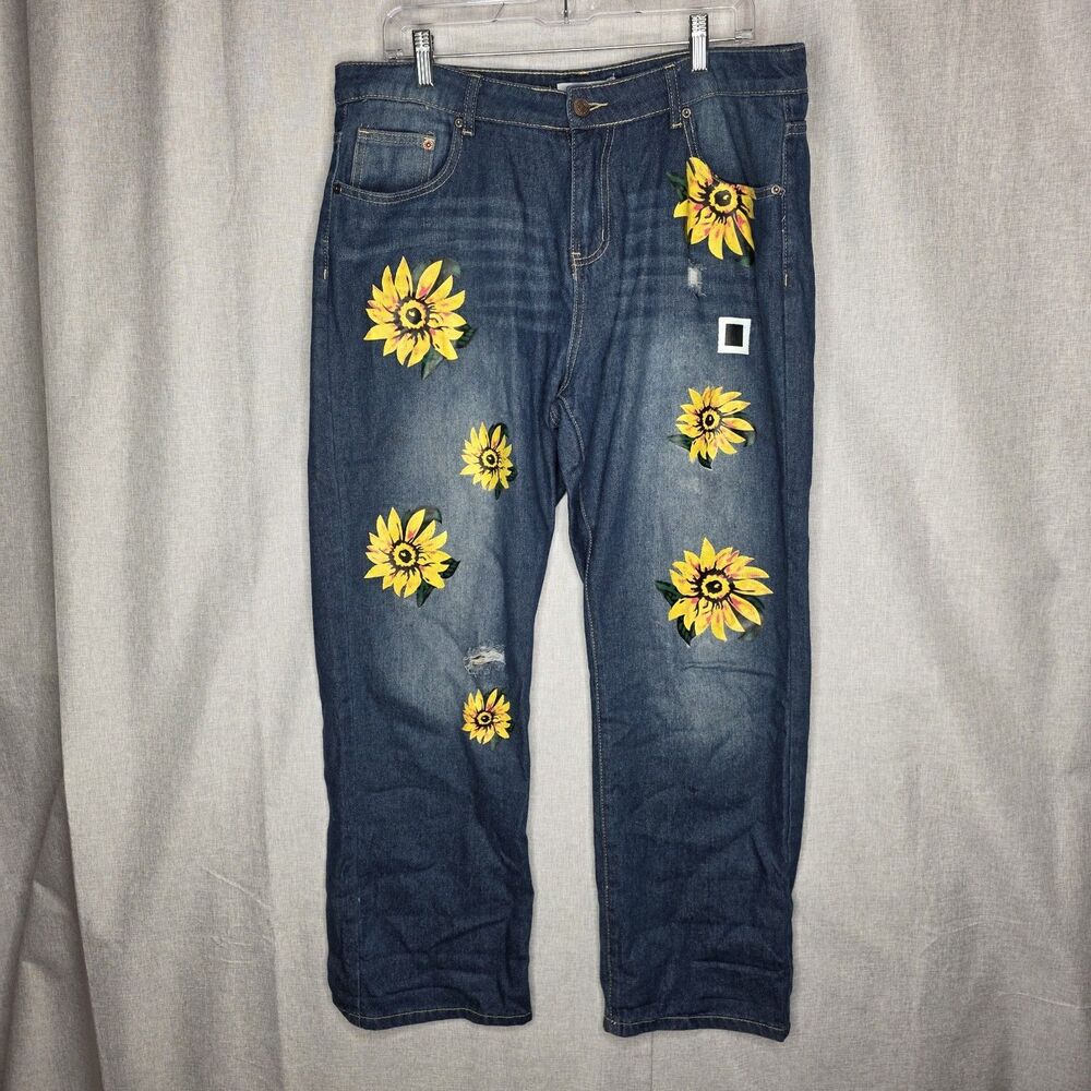 Misslook Sunflower Painted Jeans Womens XL Blue Denim Distressed Boho Straight